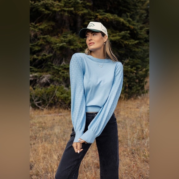 ROOLEE The Willis Textured Sweater Medium Blue soft lightweight puff sleeve - Picture 6 of 14